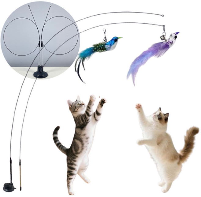 레오큐 고양이 사냥놀이 날으는 새 장난감 자동 고정 낚시대, 1개, 블랙