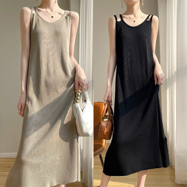 여름 여성용 빅사이즈 스판 골지 니트 원피스 아이스 나시원피스 슬림핏 캐주얼 이너원피스