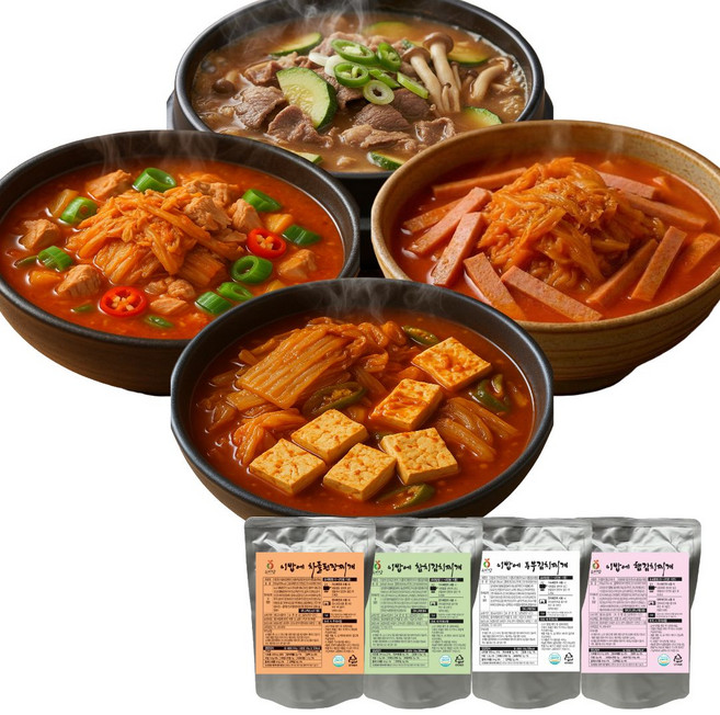 [공장직영] 가성비 끝판왕 요비담 알뜰찌개 4종세트 (김치찌개3종+차돌된장찌개), 2.1kg, 1개