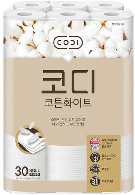 코디 천연펄프 3겹 코튼화이트 30m 30롤, 30개