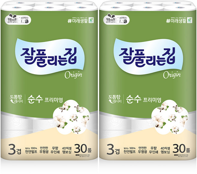 잘풀리는집 순수 프리미엄 3겹 화장지 30m 30롤 x 2팩, 2개