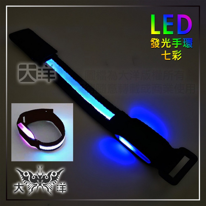 大洋 LED發光手環, 黑帶七彩,電池式發光手環一個電池CR2016兩顆, 1個