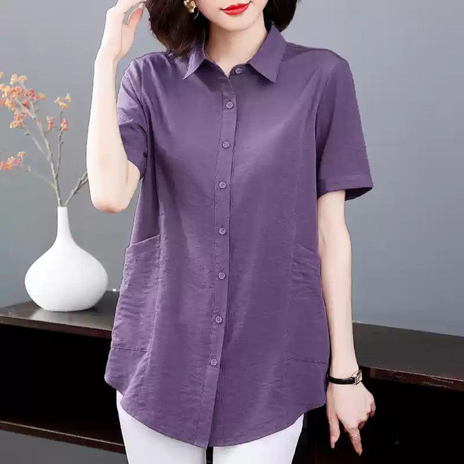 반팔티 여성 빅사이즈 심플 무지 블라우스 여름 중년 엄마옷 상의 루즈핏 날씬해 보이는 터틀넥 셔츠