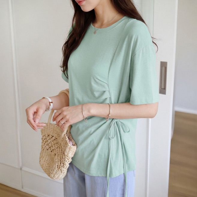 데일리앤 클라디 여성 루즈핏 여름 반팔 라운드 셔링 드레이프 리본 끈 무지 티셔츠