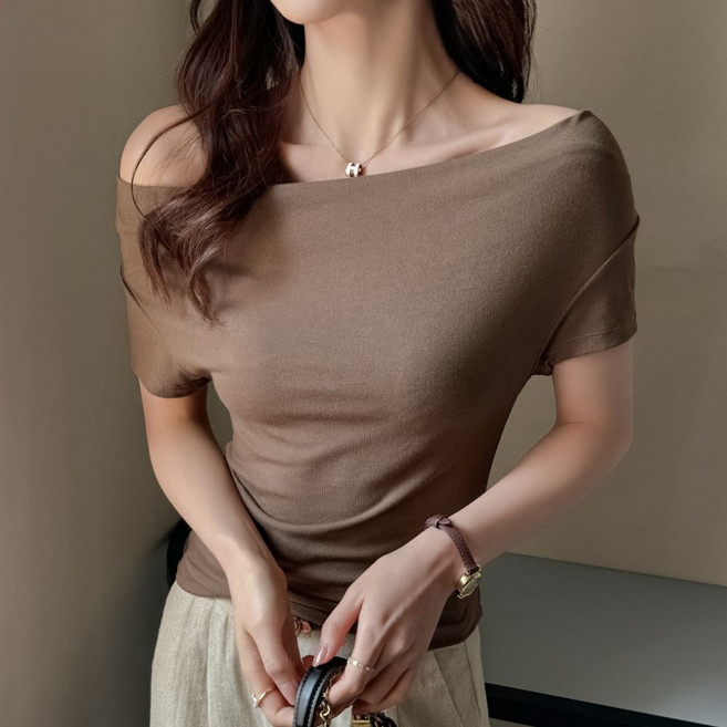 핑크셀럽 매직 셔링 오프숄더 모달 반팔 티셔츠