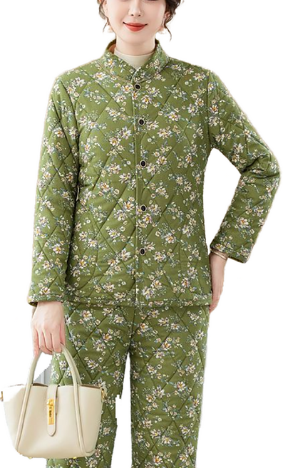 셀럽당 스리피스 겨울 홈웨어 여성 기모 도톰 세트 중년 엄마 할머니 패딩 코트 패딩 바지 보온 세트