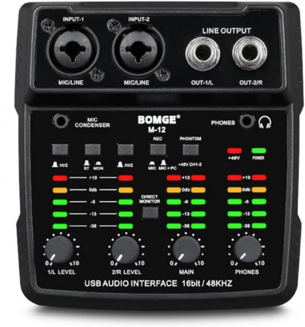 BOMGE M12 USB 오디오 인터페이스 2채널 믹서 XLR 3.5mm 입력 48V 전원 공급 장치 PC 녹음용 사운드 카드 스튜디오 라이브 쇼 노래방 플러그