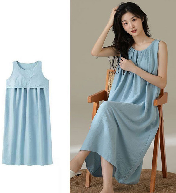 AOKADA 여성 플리츠 라운드 민소매 캡내장 원피스 여름 여자 홈웨어 잠옷