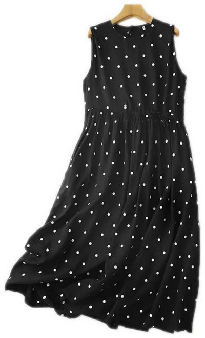 ZAJA 여성 땡땡이 민소매 롱원피스 면린넨 라운드넥