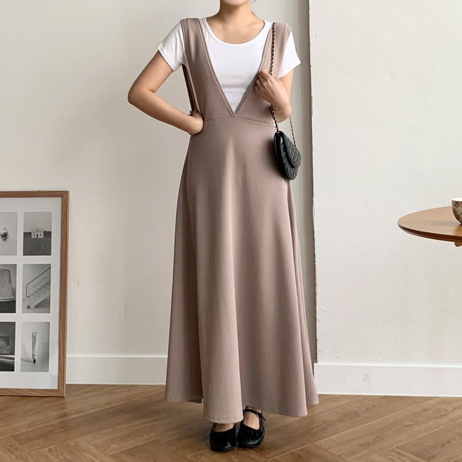 더한땀 플레어 A라인 민소매 레이어드 롱 원피스 오피스룩 하객룩