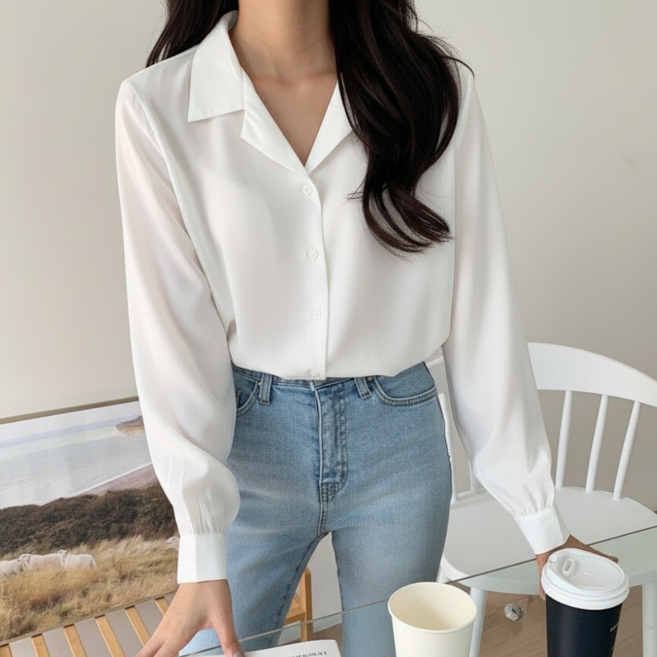 드몽 여성 링클프리 데일리 기본 긴팔 셔츠 브이넥 오픈카라 블라우스 오피스룩