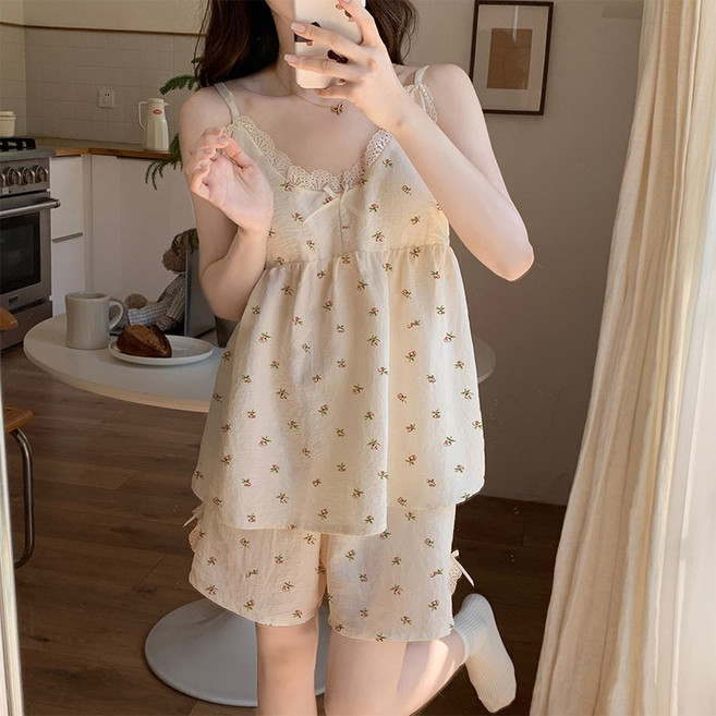 스타일아유 브라캡 캡내장 레이스 끈나시 반바지 세트 여성 여름 잠옷 섹시 홈웨어 SE1437