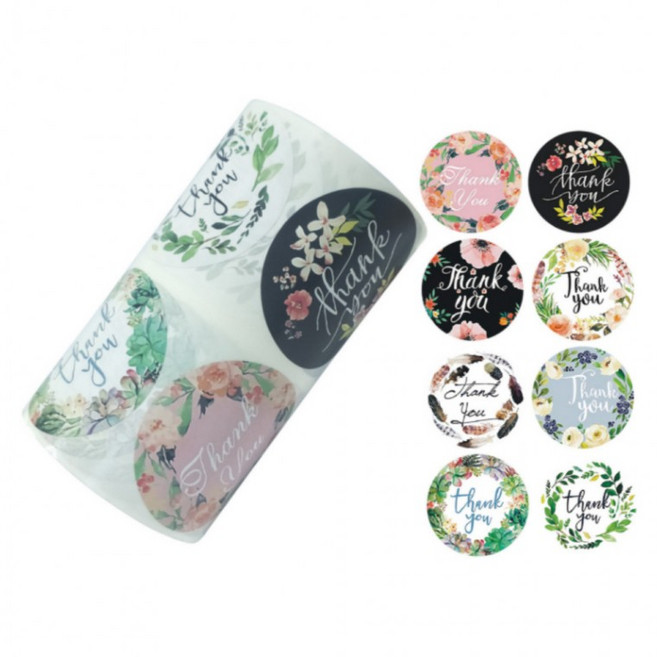 스노벨 대형 5cm 플라워 땡큐 스티커 500매, 혼합, 1개