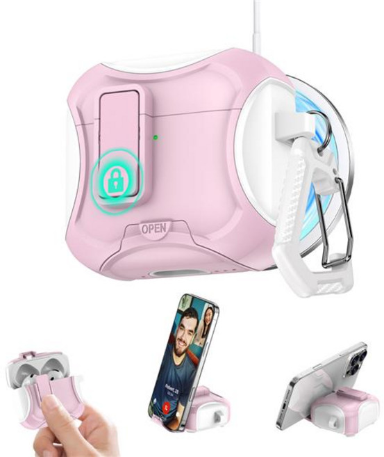 에어팟 4 3 2 1 프로 잠금 락 스위치 마그네틱 무선충전 브래킷 거치대 이어폰 젤 하드 범퍼 키링 케이스, 핑크화이트 sap1606, 에어팟프로2, 1개