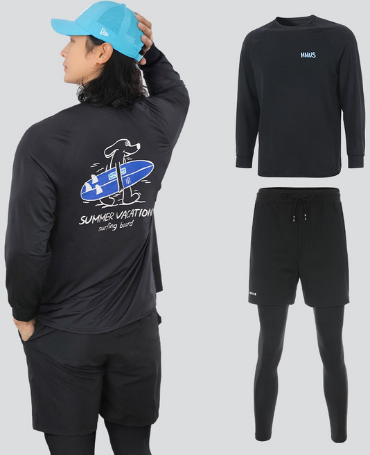 남자 루즈핏 긴팔 래쉬가드 상의 + 반바지 레깅스 하의 팬츠 세트 비치웨어 체형커버 자외선차단 휴양지 바캉스룩