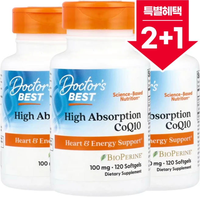 2+1 닥터스베스트 고흡수 CoQ10 100mg 소프트젤 120정 흑후추추출물 유비퀴논 함유 / 해외직구 미국정품, 3개 - 쿠팡