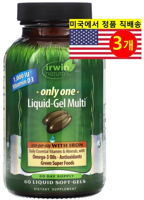 Irwin Naturals 온리 원 리퀴드 젤 멀티비타민 & 철분 Only One Liquid Gel Multi & Iron, 3개, 60정 - 쿠팡