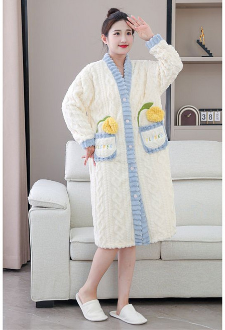 法蘭絨V領睡袍家居服, 1個, 米白睡衣 【中長中厚】XL