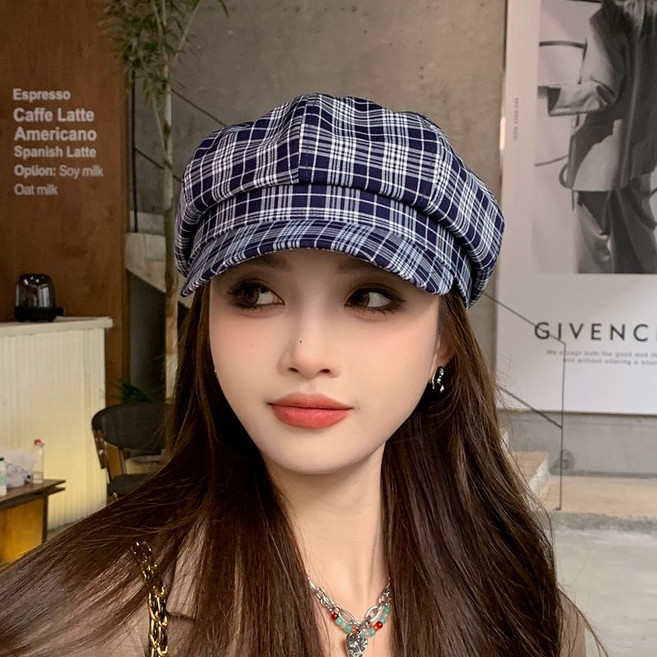 여성 베레모 봄 가을용 클래식 체크 패턴 팔각 모자 빈티지 스타일 YLP