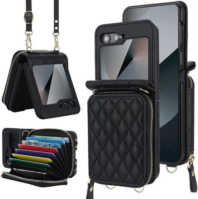 헤미션 갤럭시 Z플립7/6/5 가죽 카드수납 지갑 스트랩 힌지보호 케이스