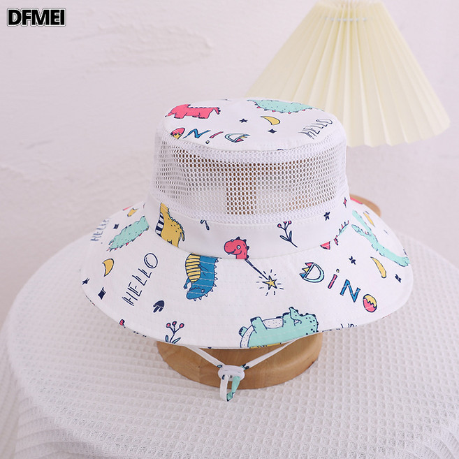 DFMEI 新款兒童帽子夏天男童遮陽大檐太陽帽女童卡通網眼漁夫帽寶寶盆帽
