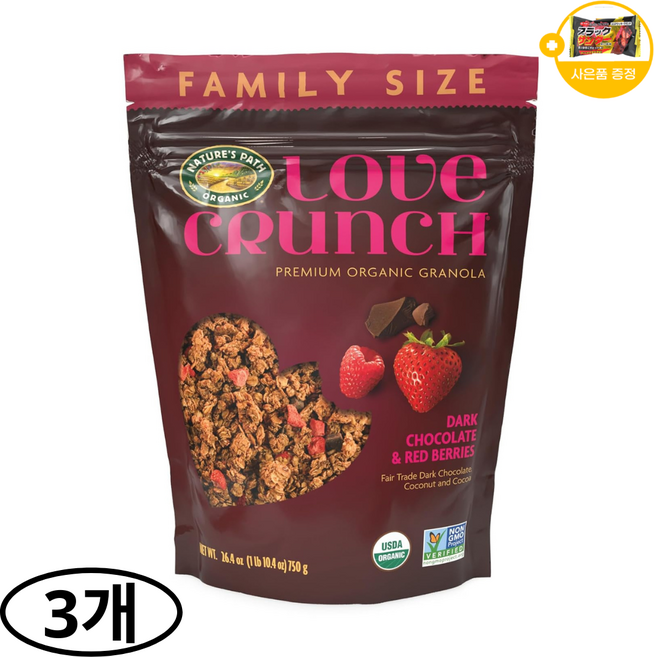 네이쳐스 패스 러브 크런치 프리미엄 그래놀라 다크 초콜릿 앤 레드 베리 사은품 추가증정, 325g, 3개