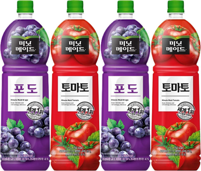 [한번에먹자쇼핑몰] 과즙음료 1.5L 2종 혼합세트 ( 미닛메이드 포도 + 미닛메이드 토마토 ) 사무실음료 가정용 과일음료 대용량 식자재 포도주스 토마토주스, 4개