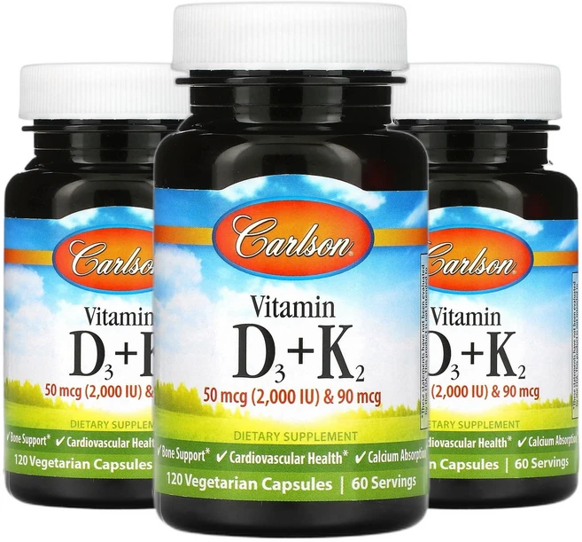 칼슨 비타민D3 + K2 50mcg(2 000IU) & 90mcg 120베지캡슐, 120정, 3개 - 쿠팡