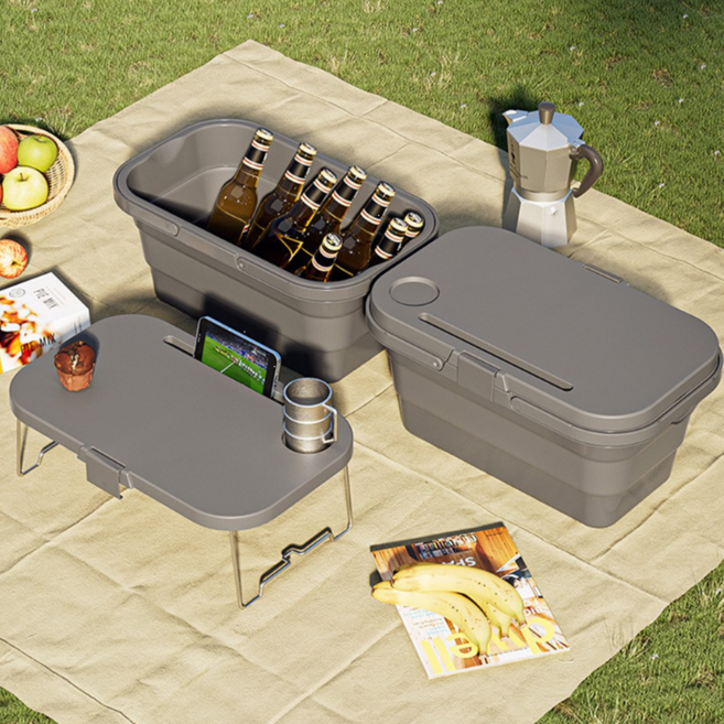 실버미어 폴딩 멀티 캠핑 테이블 아이스박스 세트, 1개, 1단, 그레이