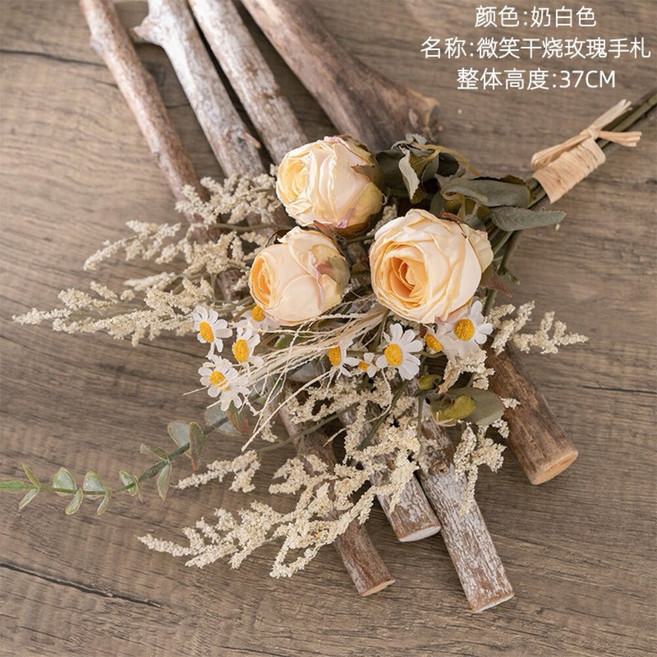 仿真花束 微笑乾燒玫瑰手札 家居裝飾, 奶白, 1個