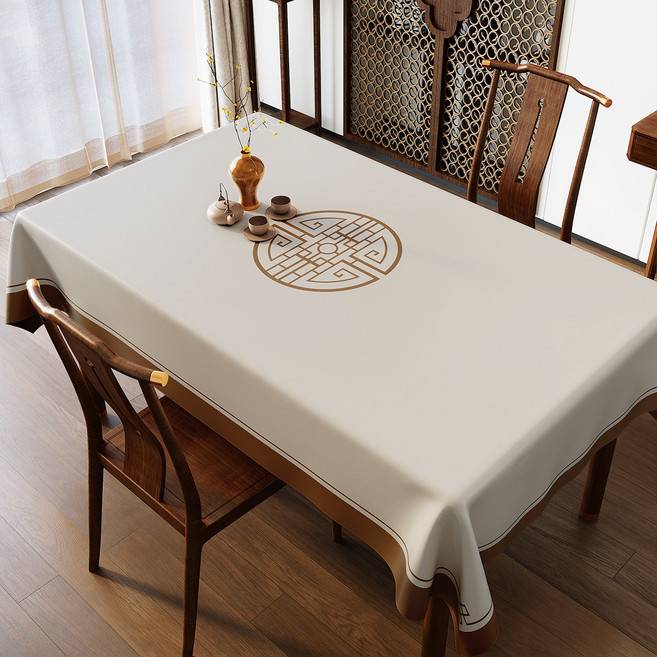 桌布國風新中式防水防油免洗長方形餐桌布輕奢高級感2026新款檯布, 1個, 100*180cm, 桃溪柳陌
