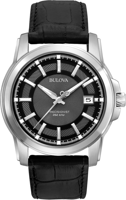 Bulova 남성용 Precisionist 스테인리스 스틸 3핸즈 캘린더 시계 블랙 가죽 스트랩 패턴 다이얼 (96B158)