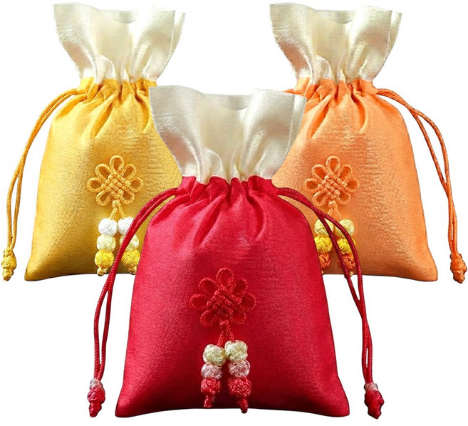 엘에이스 설날 추석 선물포장봉투 미니 복주머니 파우치 전통 색동복주머니 실크복주머니 9개, 빨3+주3+노3