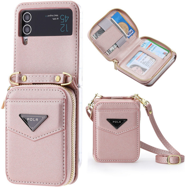 HODON 갤럭시 Z플립5 Z플립4 3 숄더 스트랩 케이스 지폐 카드수납 지퍼포켓 다이어리 지갑케이스 Z플립6 적용