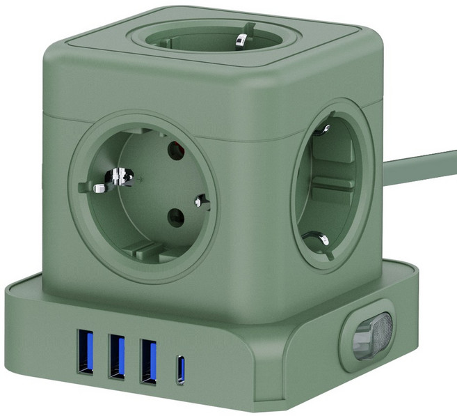 티메코 20W 고속충전 5구 멀티탭 TMC-10 SF코팅 큐브 디자인 C타입 USB 1.8M 전선형, 1개, 그린