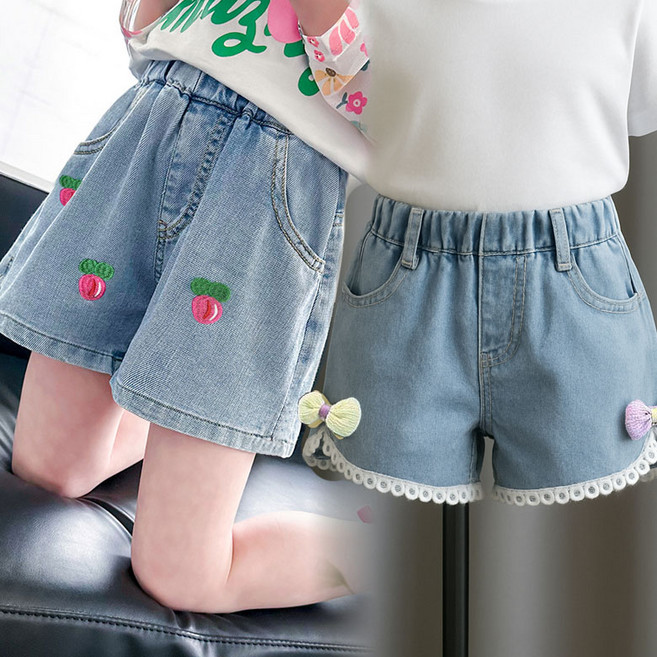 [1+1세트] 아동 청반바지 여아 여름 팬츠 리본 복숭아 자수 데님