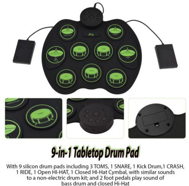전자드럼 입문용 Btuty 전자 드럼 세트 디지털 롤업 터치 민감한 연습 키트 9 패드 초보자용 2 풋 페달 (스피커 없음)