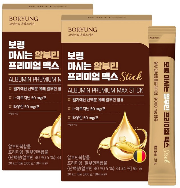 보령 액상 마시는 알부민 프리미엄 맥스 벨기에산 난백분 L-아르기닌 타우린 15포, 2박스, 300g