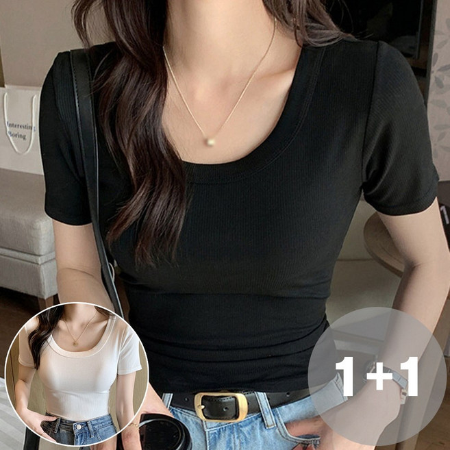 지디오 여성 반팔 골지 니트 2개 세트 라운드 티셔츠 반팔티