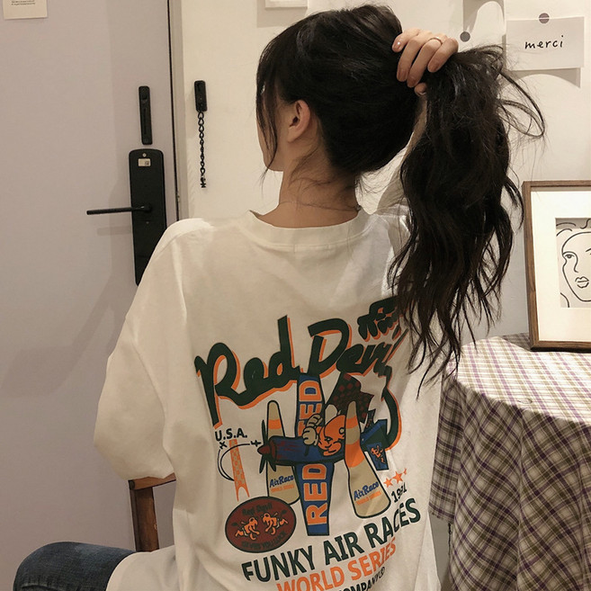 프리티글라라 여성 박시 오버핏 백프린팅 반팔 티셔츠 여름 롱티