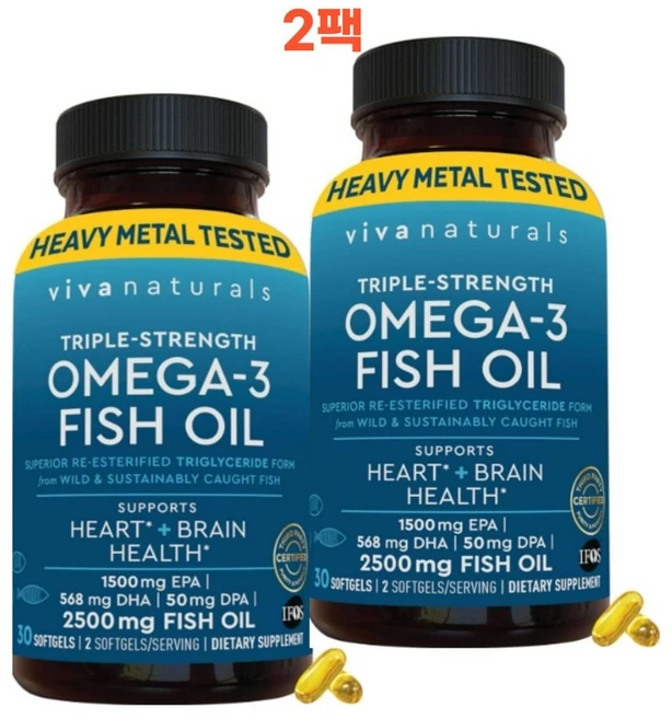 Viva Naturals 트리플 스트렝스 피쉬오일 rTG EPA DHA DPA 오메가3 보충제 소프트젤 30정 2팩, 2개 - 쿠팡