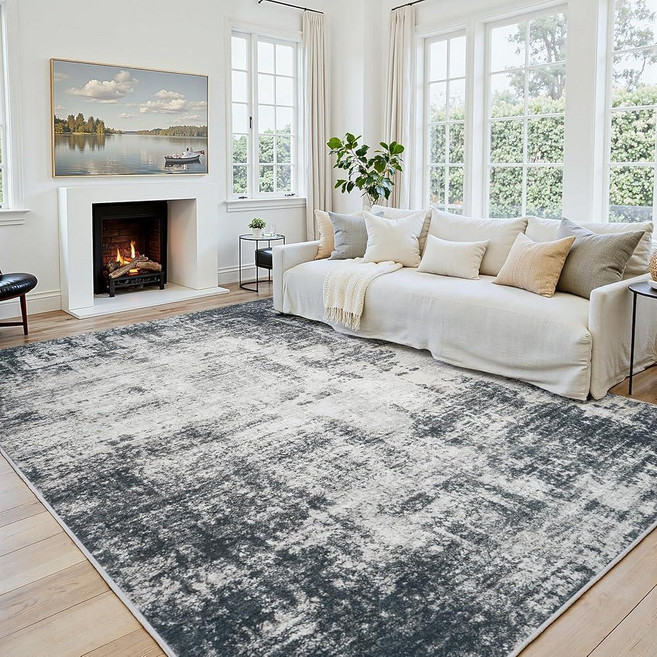 Area Rug 9x12 Living Room Rug Washable: No-Slip Abstract Soft Thin Large Deep Black Gray White Rug