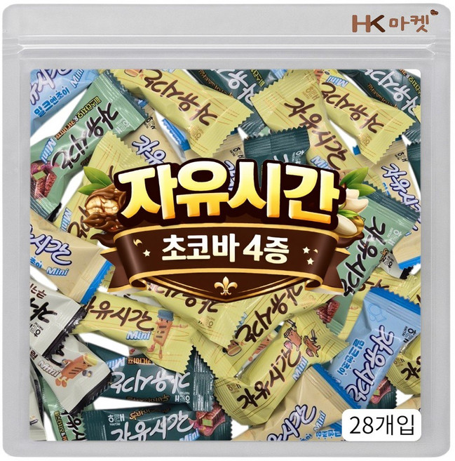 에이치케이마켓 해태 자유시간 미니 초코바 4종 혼합 28개입 (오리지날 쿠키앤크림 밀크 피스타치오), 1개, 230g
