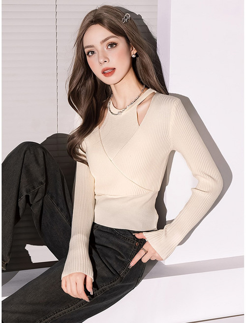 Kdragon 여성 컷아웃 홀터넥 크로스 랩 골지 슬림 긴팔 니트