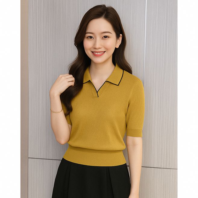 피치레이디 고급핏 페미닌 배색 카라 반팔 니트티