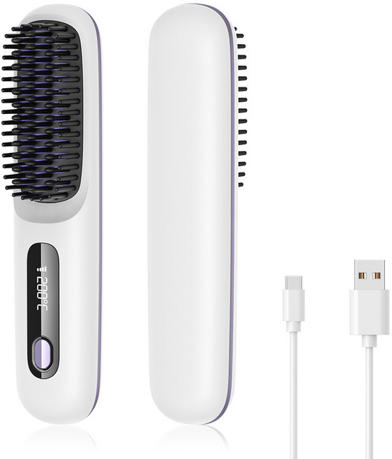 무선 빗고데기 음이온 브러쉬 헤어 스타일러 3단계 온도조절 매직기 휴대용, 화이트