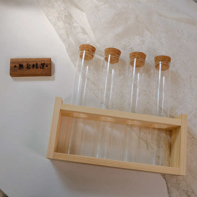 木質試管架 軟木塞玻璃試管, 1個, 4個試管+木架