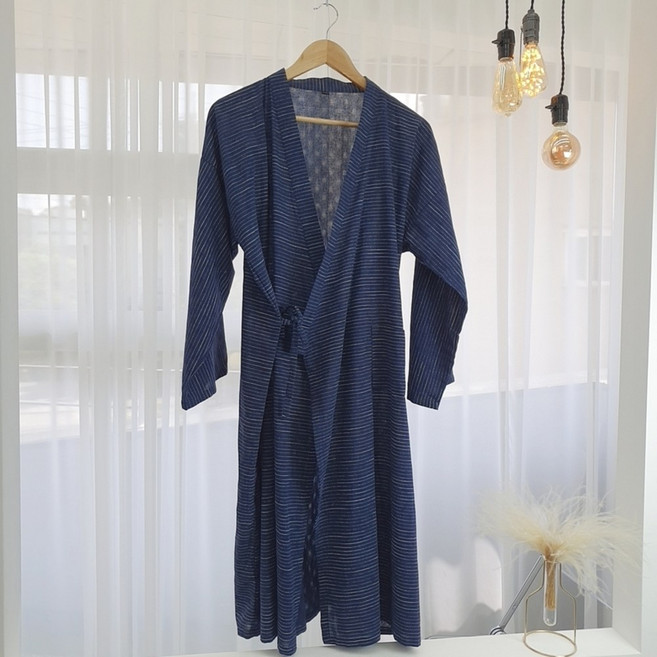 지아트리(Jiatree) 빅사이즈 순면 린넨 커플 얇은 여름 샤워 목욕 골프 호텔 배스 로브 반신욕 나이트 가운, 1개, 네이비엠