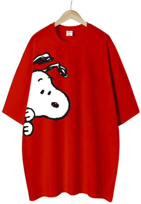 엠제이스타 스누피 라이센스 여성 빼꼼 반팔 루즈핏 롱 프린팅 캐릭터 티셔츠 오버핏 반팔티