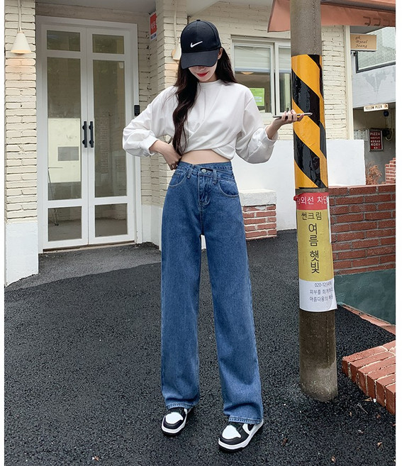 梨卡 高腰交叉直筒牛仔長褲 深藍色 XL